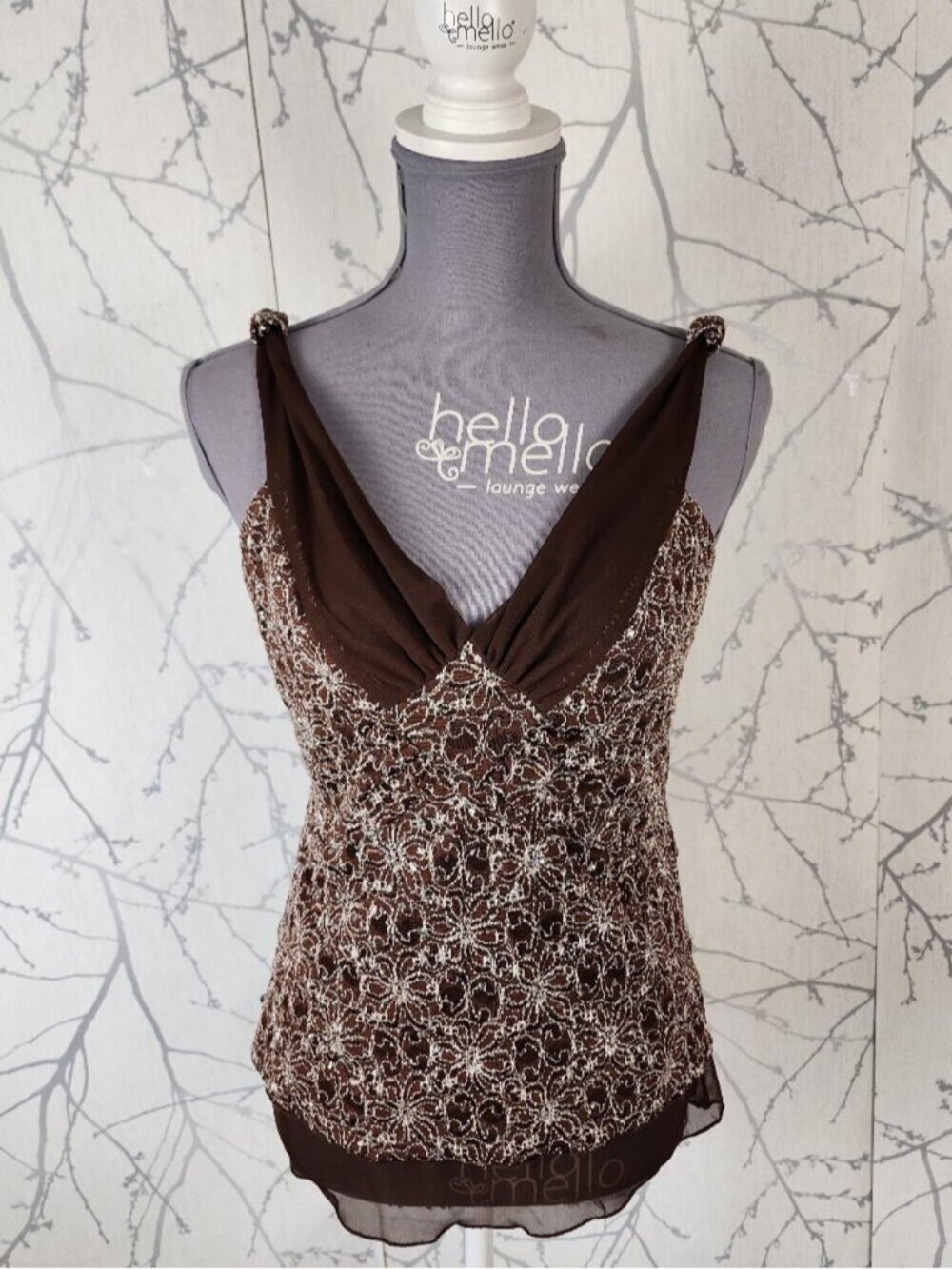 Laura VTG Brown Metallic Lace Overlay Y2K Tank